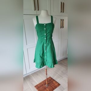 Zara Linen Mini Sundress XS Green Button Front Babydoll Flowy Ruffled Hem Dress